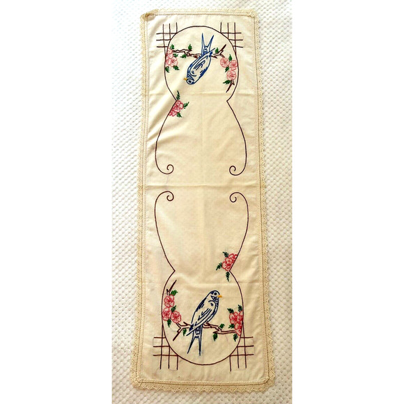 Dresser Scarf Table Runner Parrot Bird Vintage Linen Handmade Needlepoint 42x14" - Picture 2 of 6